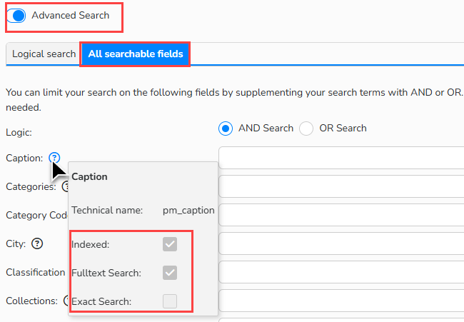 search_field_index_tooltip_en Screenshot showing the Advanced Search option enabled in Archive. The “All searchable fields” tab is open and highlighted. A tooltip for a selected metadata field displays its search settings, indicating that the field is indexed and full‑text search is enabled.