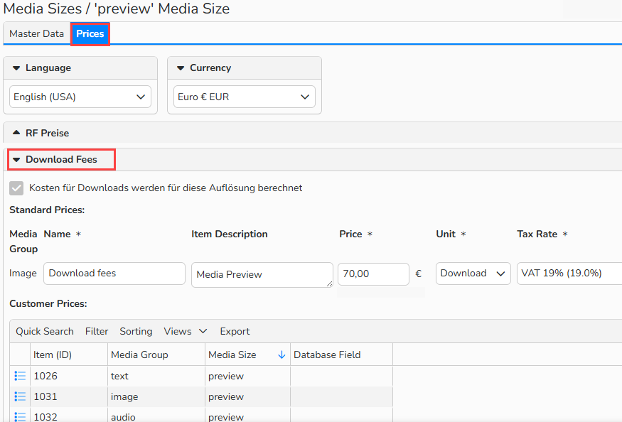 A screenshot of a Media Size setup window showing the Prices tab open and highlighted. The Download Fees panel is highlighted and displays price for the preview media size.