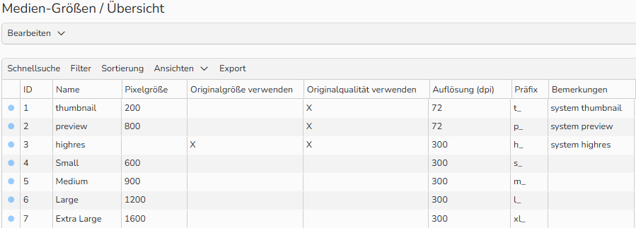 Screenshot einer Übersicht über Medienformate, in der die verfügbaren Formate mit Angaben zu Pixelgröße und Auflösung aufgeführt sind.