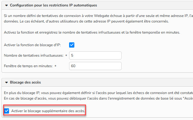 Capture d'écran mettant en évidence l'activation du blocage supplémentaire des accès