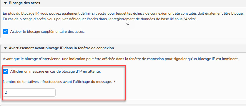 Capture d'écran mettant en évidence la configuration d'un message sur la fenêtre de connexion en cas de blocage IP