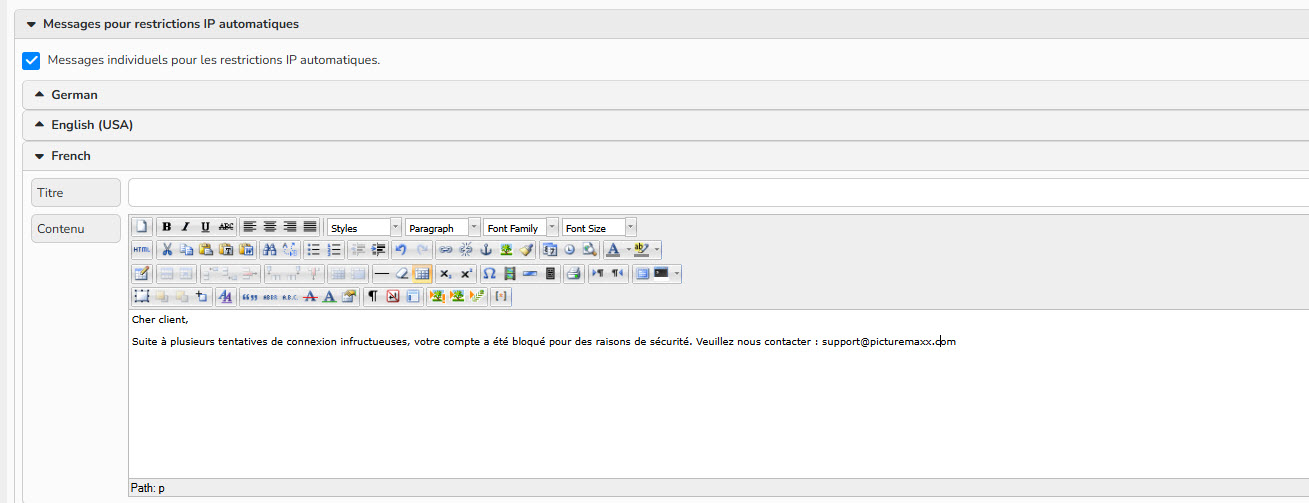 Capture d'écran montrant comment configurer les messages pour les utilisateurs bloqués
