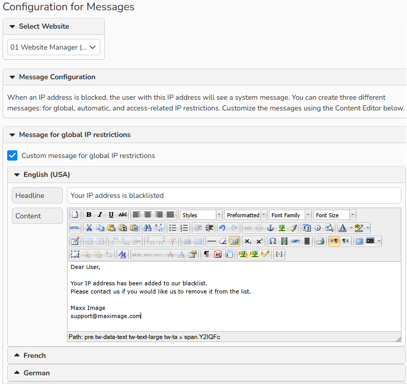 Screenshot of the Message Configuration window with the ‘Custom message for global IP restrictions’ setting selected. The customized system message for blocked users is shown in English.