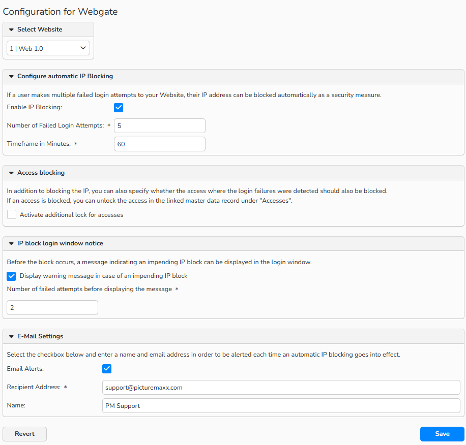 A screenshot of IP restriction configuration for webshop showing options to activate a temporary IP blocking, display a warning message, and receive email alerts.