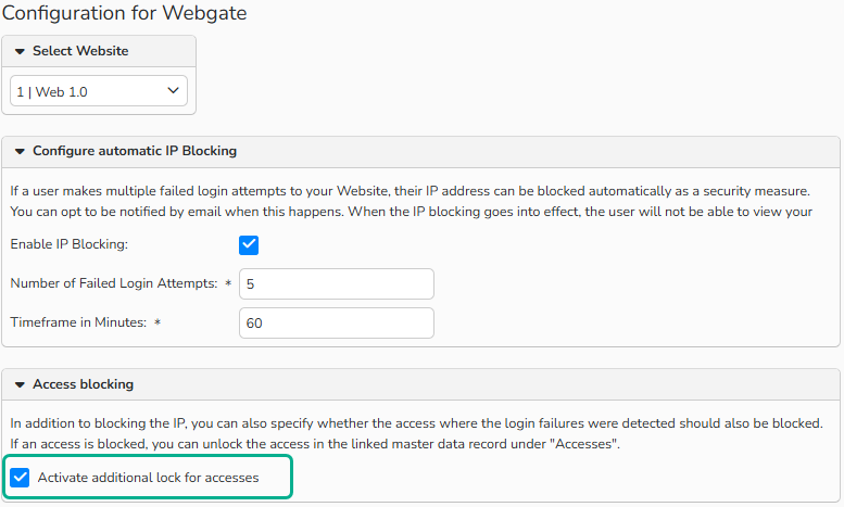 A screenshot of IP restriction configuration for webshop with the option to block the access additionally. The function is active and highlighted.