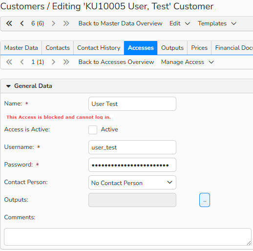 A screenshot of Customer record with the Accesses tab selected and the warning message about blocking is visible.