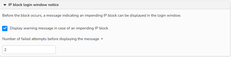 A screenshot of IP restriction configuration for webshop with the selected option to display a warning about IP blocking.