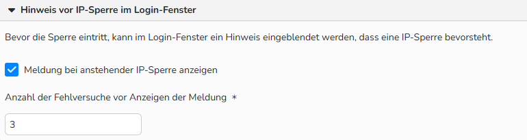 Screenshot der Konfiguration der IP-Restriktionen für einen Webshop mit der ausgewählten Option, eine Warnung bezüglich der bevorstehenden IP-Sperrung anzuzeigen.