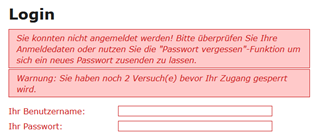Screenshot eines Anmeldefensters eines Webshops mit der Warnmeldung zur IP-Sperre.