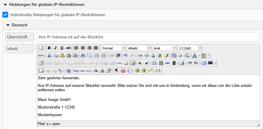 Screenshot des Fensters Konfiguration für Meldungen, in dem im Bereich Meldungen für globale IP-Restriktionen die Option Benutzerdefinierte Meldungen für globale IP-Restriktionen ausgewählt ist. Die benutzerdefinierte Systemmeldung für gesperrte Benutzer wird auf Deutsch angezeigt.