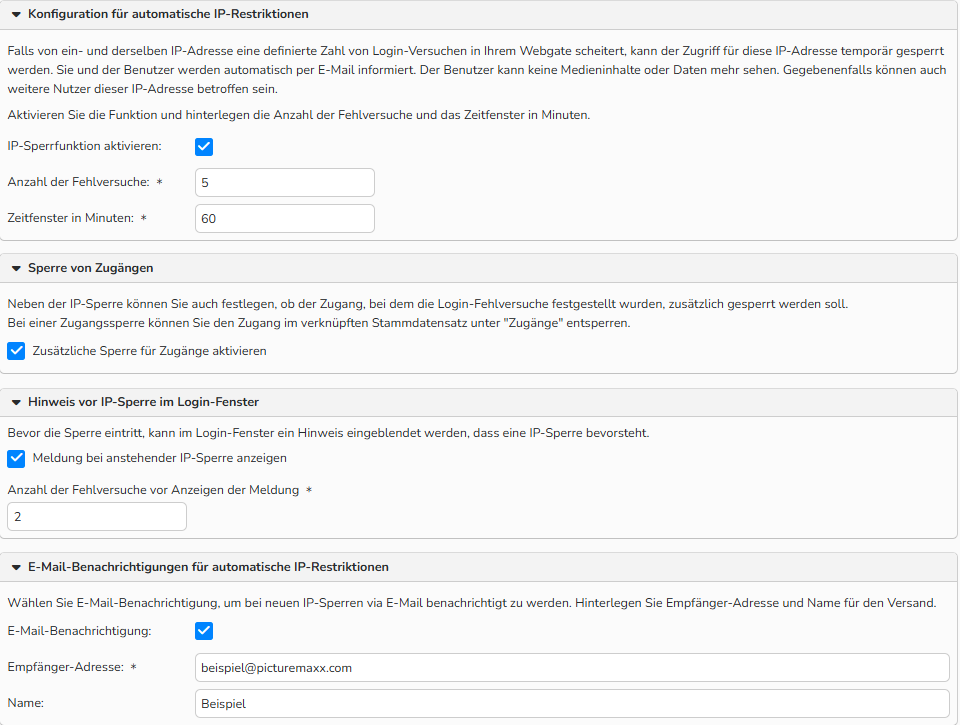 Screenshot der Konfiguration für automatische IP-Restriktionen für den Webshop, der Optionen zur Aktivierung einer vorübergehenden IP-Sperre, zur Anzeige einer Warnmeldung und zum Erhalt von E-Mail-Benachrichtigungen zeigt.