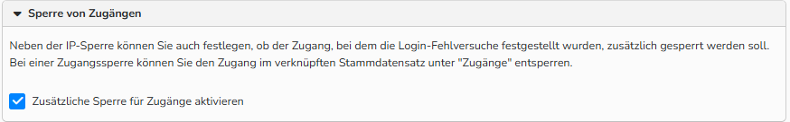 Screenshot der Konfiguration der IP-Beschränkung für den Webshop mit der Option, zusätzlich den Zugang zu sperren. Die Funktion ist aktiviert und hervorgehoben.