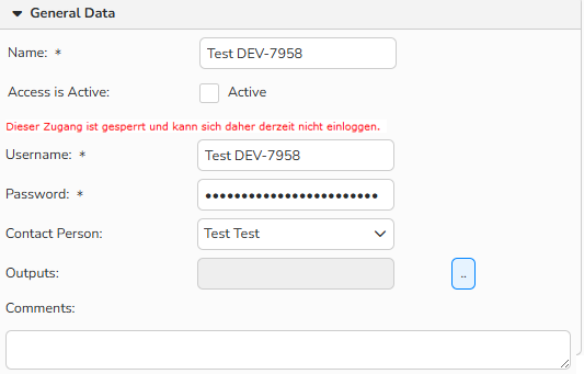 Screenshot eines Kundendatensatzes, bei dem der Tab Zugänge ausgewählt ist und die Warnmeldung zur Sperrung angezeigt wird.