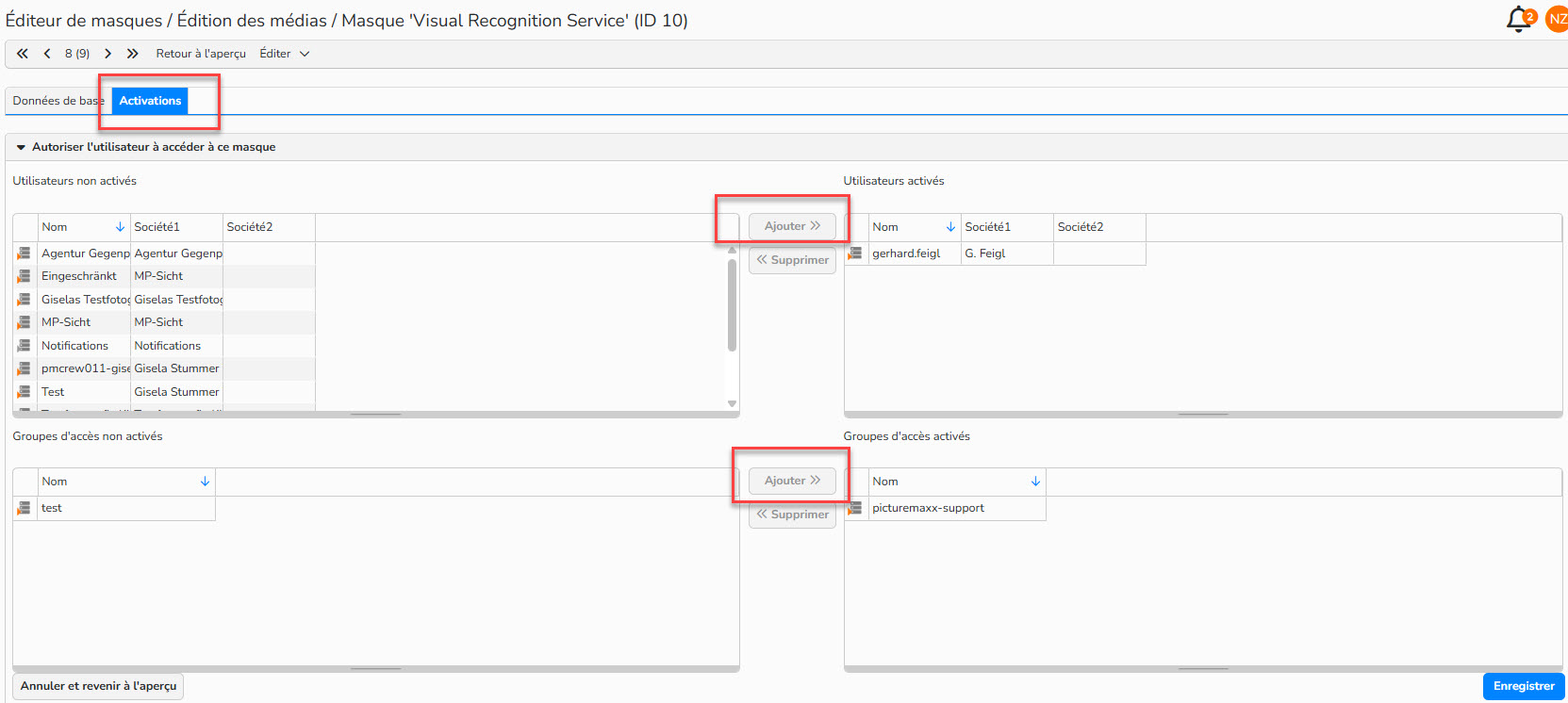 Capture d'écran montrant comment activer le masque Visual recognition service