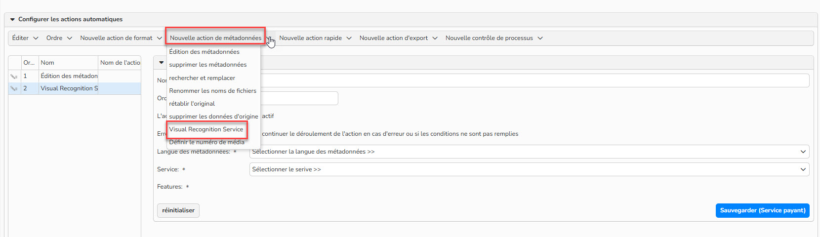 Capture d'écran mettant en évidence l'Action Visual Recognition Service dans les actions de métadonnées