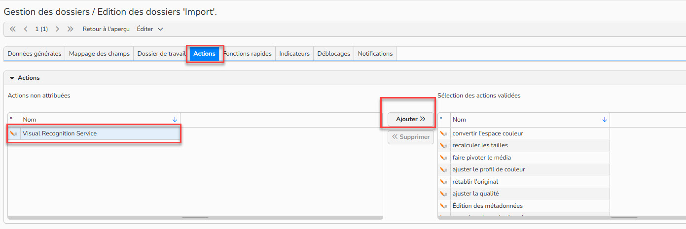 Capture d'écran montrant comment ajouter l'action Visual recognition service dans le dossier d'import