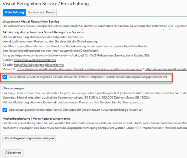 Screenshot des Fensters Visual Recognition Service mit geöffnetem Tab Freischaltung, in dem das Kontrollkästchen Aktivieren ausgewählt und hervorgehoben ist.