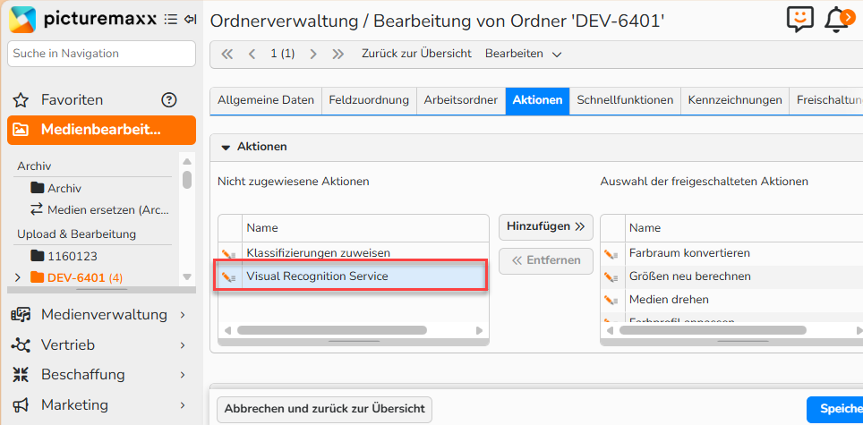Screenshot des Fensters zur Ordnerverwaltung mit geöffnetem Tab Aktionen, in dem die Aktion Visual Recognition Service ausgewählt und hervorgehoben ist.