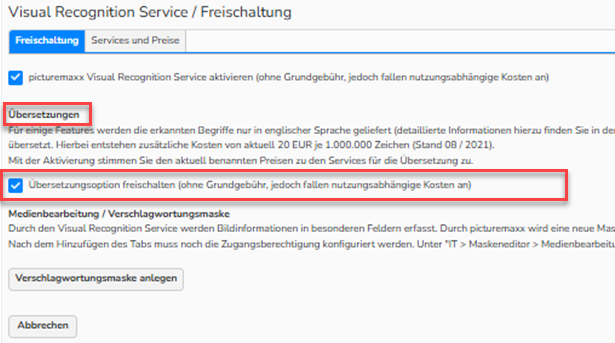 Screenshot des Visual Recognition Service-Einrichtungsfensters mit geöffnetem Tab Freischaltung. Der Abschnitt Übersetzungen ist hervorgehoben, und das Kontrollkästchen Übersetzungsoption aktivieren ist ausgewählt und hervorgehoben.