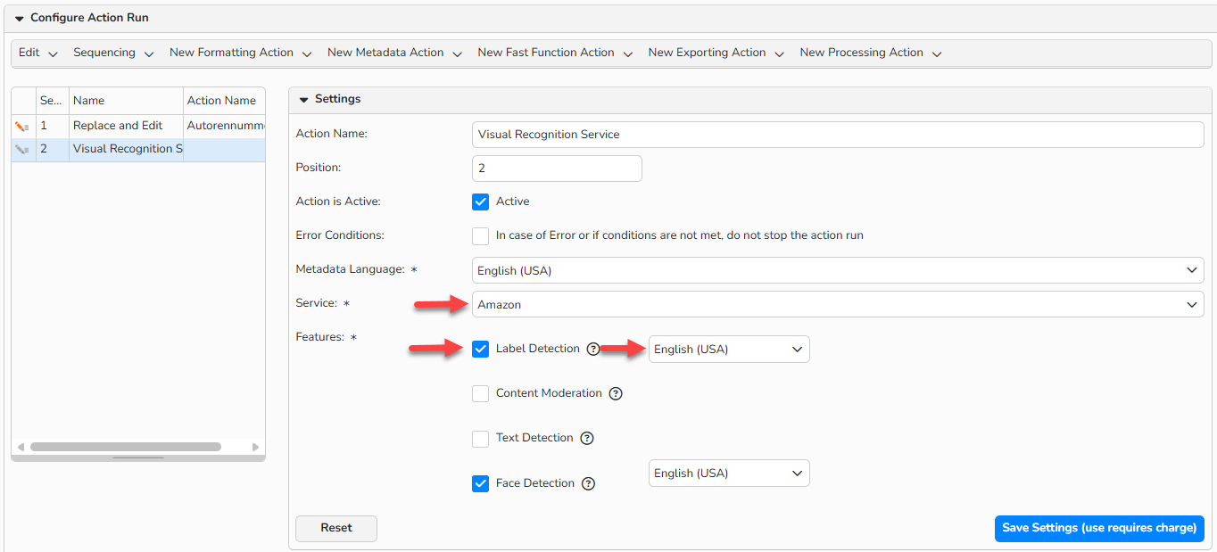 Screenshot of the Configure Action Run section, which displays options for configuring the Visual Recognition Service action run. The Visual Recognition Service settings are visible; the required fields Service and Features, as well as the corresponding language selection, are highlighted.