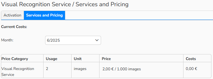 Screenshot of the Visual Recognition Service window with the Services and Pricing tab open, showing options to select a billing period and display costs.
