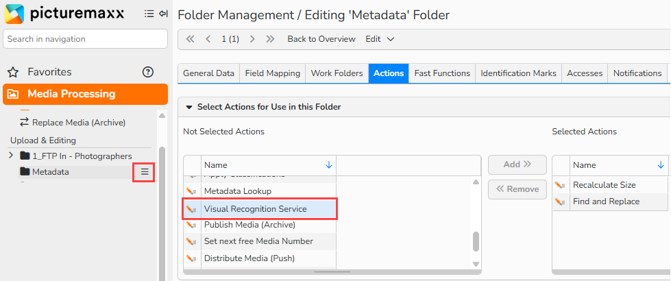A screenshot of the Folder Management window with the Actions tab open and the Visual Recognition Service action selected and highlighted. The folder's context menu icon in the Media Processing tree is highlighted.