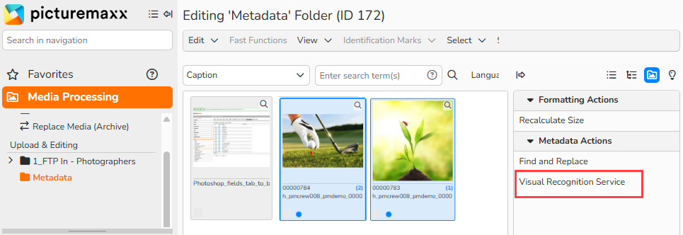 Screenshot of the folder window with several images selected, the Metadata Actions menu visible on the right, and the Visual Recognition Service action highlighted.
