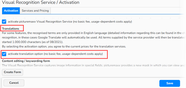 Screenshot of the Visual Recognition Service setup window with the Activation tab open, showing the Translations section highlighted and the Activate Translation Option checkbox selected and highlighted.