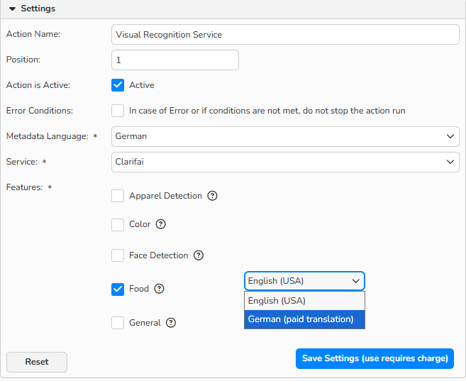 Screenshot of the Configure Action Run panel for the Visual Recognition Service, showing the open language selection menu with an option for paid translation into German available.
