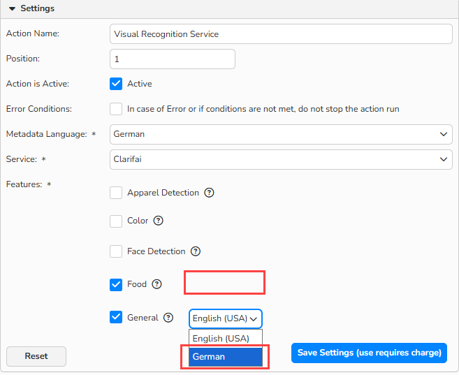 Screenshot of the Configure Action Run panel for the Visual Recognition Service showing highlighted language selection menus.