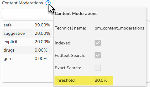 Screenshot of the Tooltip next to the Content Moderation field in the Visual Recognition Service tab. The confidence score threshold is highlighted.