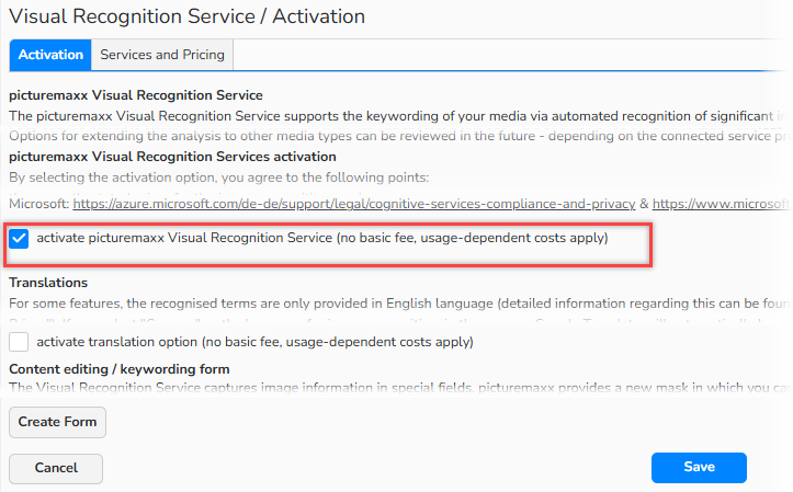 Screenshot of the Visual Recognition Service window with the Activation tab open, showing the selected Activate checkbox.