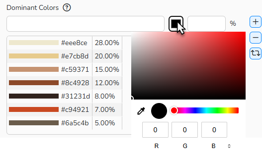 Screenshot of the Dominant Colors field in the Visual Recognition Service tab, showing a list of colors and their confidence scores. The color picker is highlighted.