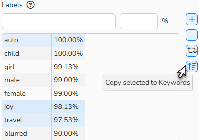 Screenshot of the Labels field in the Visual Recognition Service tab, showing a list of terms and their confidence scores. Some of the terms are selected and the Copy selected to Keywords icon is highlighted.
