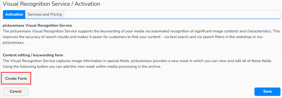 Screenshot of the Visual Recognition Service window with the Activation tab open, showing the Create Form button highlighted.