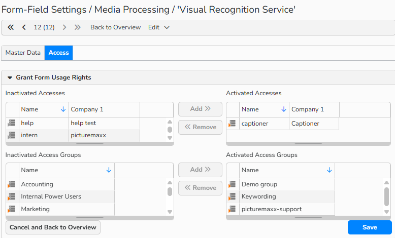 A screenshot of the Form Editor setup window for Visual Recognition Service. The Access tab is open, showing options to grant access to users and access groups.