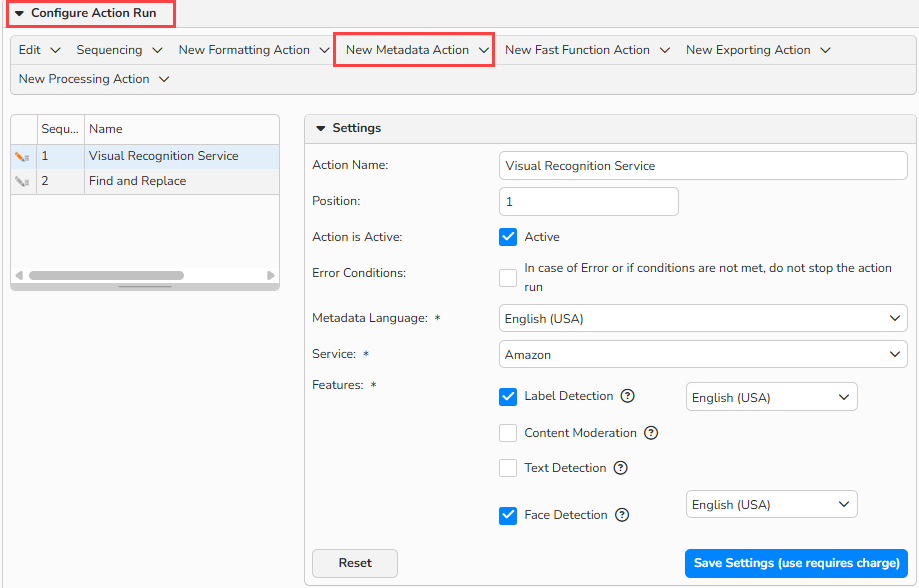 Screenshot of the Configure Action Run panel, showing options to configure Visual Recognition Service action run. The Visual Recognition Service settings are visible, the New Metadata Action menu and the Configure Action Run panel are highlighted.