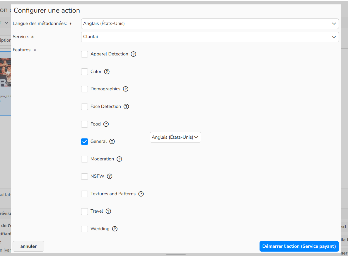 Capture d'écran montrant comment configurer l'action Visual recognition service