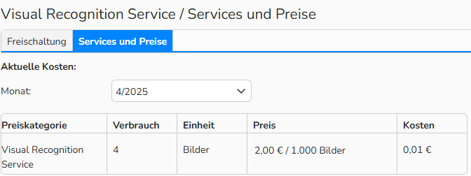 Screenshot des Fensters Visual Recognition Service mit geöffnetem Tab Services und Preise, der Optionen zur Auswahl eines Abrechnungszeitraums und zur Anzeige der Kosten zeigt.