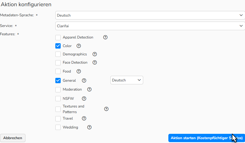 Screenshot des Dialogs Aktion konfigurieren für den Visual Recognition Service.