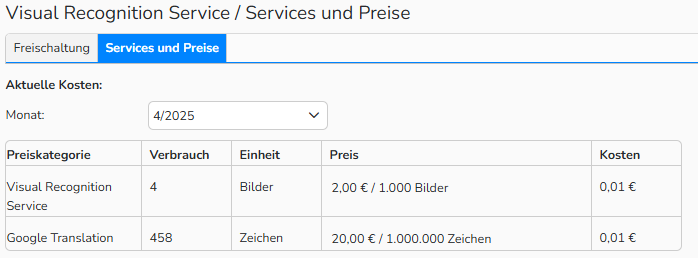 Screenshot of the Visual Recognition Service setup window with the Services and Pricing tab open.