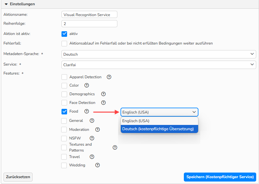 Screenshot des Bereichs Aktionslauf konfigurieren für den Visual Recognition Service, in dem das geöffnete Sprach-Auswahlmenü sichtbar ist. Eine Option für die kostenpflichtige Übersetzung ins Deutsche ist verfügbar.
