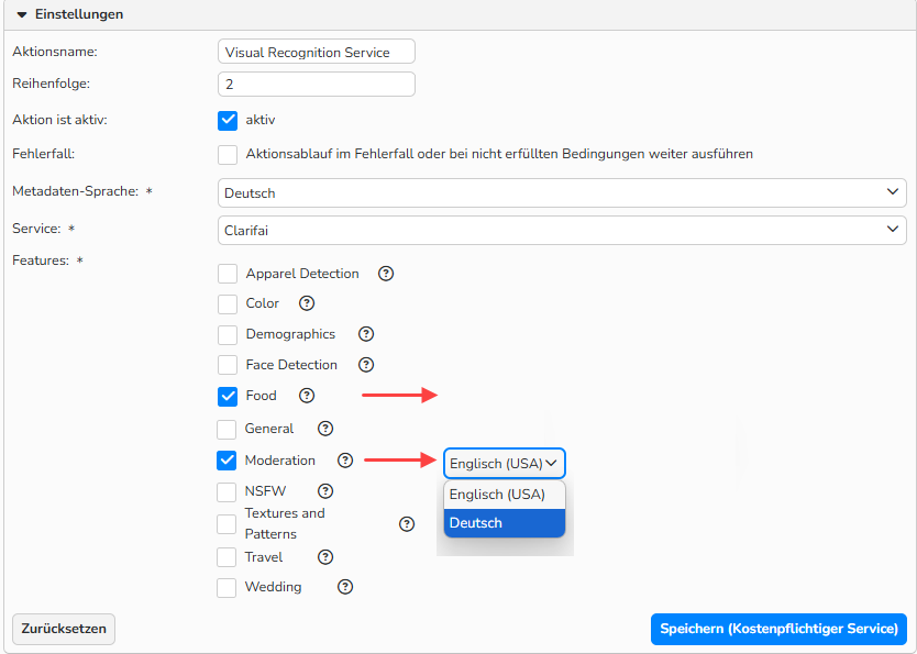 Screenshot des Bereichs Aktionslauf konfigurieren für den Visual Recognition Service, in dem die hervorgehobenen Menüs zur Sprachauswahl sichtbar sind.