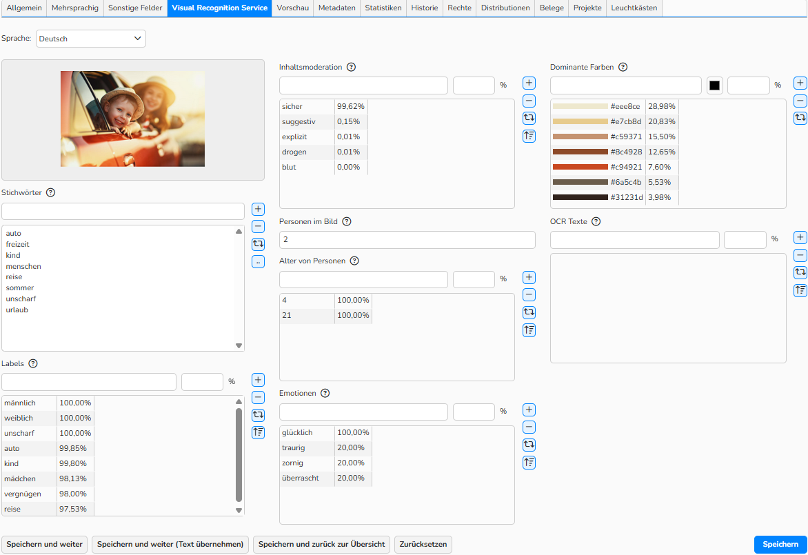 Screenshot des Tabs Visual Recognition Service in der Medienbearbeitung, der die Felder für erkannte Begriffe mit den zugehörigen Grenzwerten für die Genauigkeitswahrscheinlichkeit zeigt.