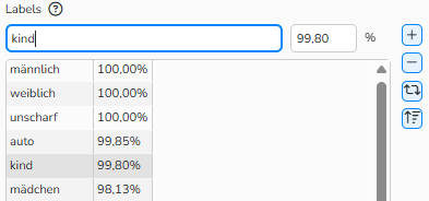 Screenshot des Feldes Labels im Tab Visual Recognition Service, in dem eine Liste erkannter Begriffe und deren Grenzwerte angezeigt werden.