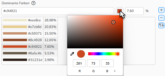 Screenshot des Feldes Dominante Farben im Tab Visual Recognition Service, in dem eine Liste von Farben und deren Grenzwerten angezeigt werden. Der Farbwähler ist hervorgehoben.