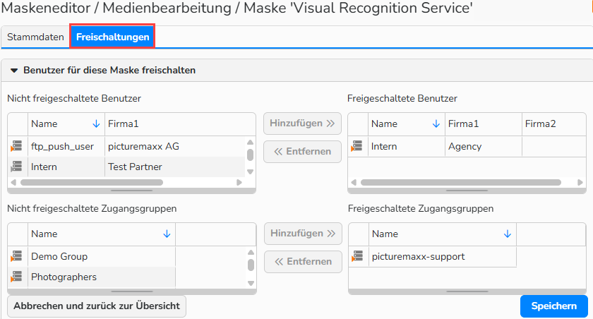 Screenshot des Fensters Masken-Editor/Medienbearbeitung mit dem Formular Visual Recognition Service. Der Tab Freischaltungen ist geöffnet und zeigt Optionen, um Benutzern und Benutzergruppen Zugriff auf die Maske zu gewähren.