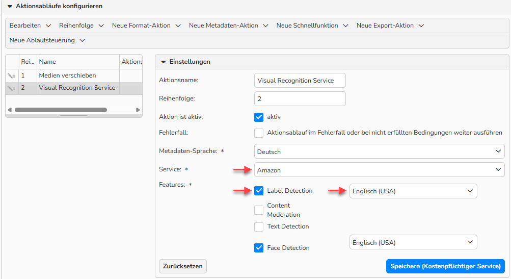 Screenshot des Bereichs Aktionsablauf konfigurieren, der Optionen zur Konfiguration des Visual‑Recognition‑Service-Aktionsablaufs zeigt. Die Einstellungen des Visual Recognition Service sind sichtbar; die Pflichtfelder Service und Features sowie die dazugehörige Sprachauswahl sind hervorgehoben.