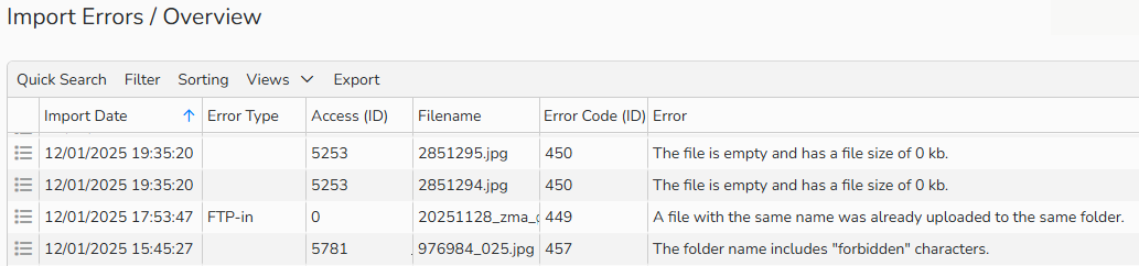 Screenshot of Import Errors Overview window showing the list of faulty imports with date, filename, and error code, type, and description.
