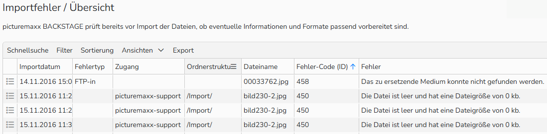 Screenshot des Fensters Importfehler / Übersicht, das die Liste fehlerhafter Importe mit Datum, Dateiname sowie Fehlercode, Fehlertyp und Fehlerbeschreibung anzeigt.